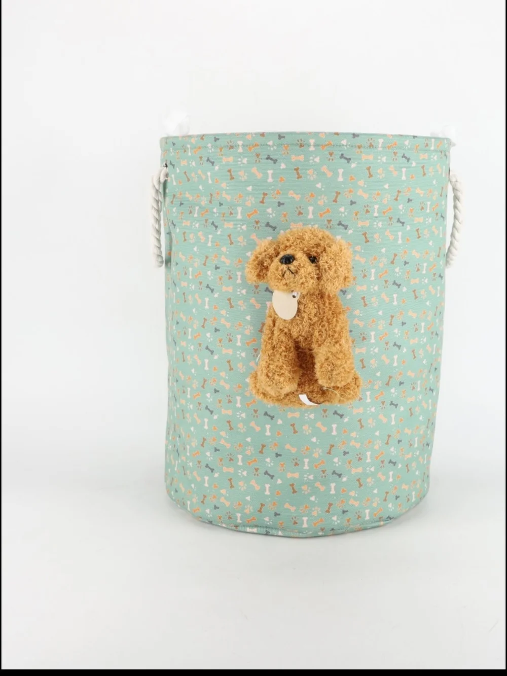 Mint Fabric Storage Bin with Plush Dog Accent and Rope Handles